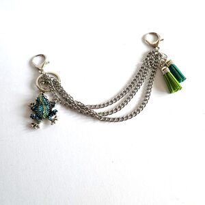 New Silver,Green Rhinestone Frog Purse Chain Charm Extender Triple Strand Tassel